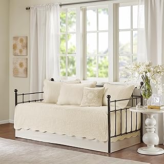 Madison Park Cottage Medallion Quilted Daybed Cover Set, 6PC, 39"x75" | All Season, Pre-Washed Cotton-Filled Coastal Bedding with Scallop Edge, Shams, Bed Skirt, Decorative Pillows, Cream