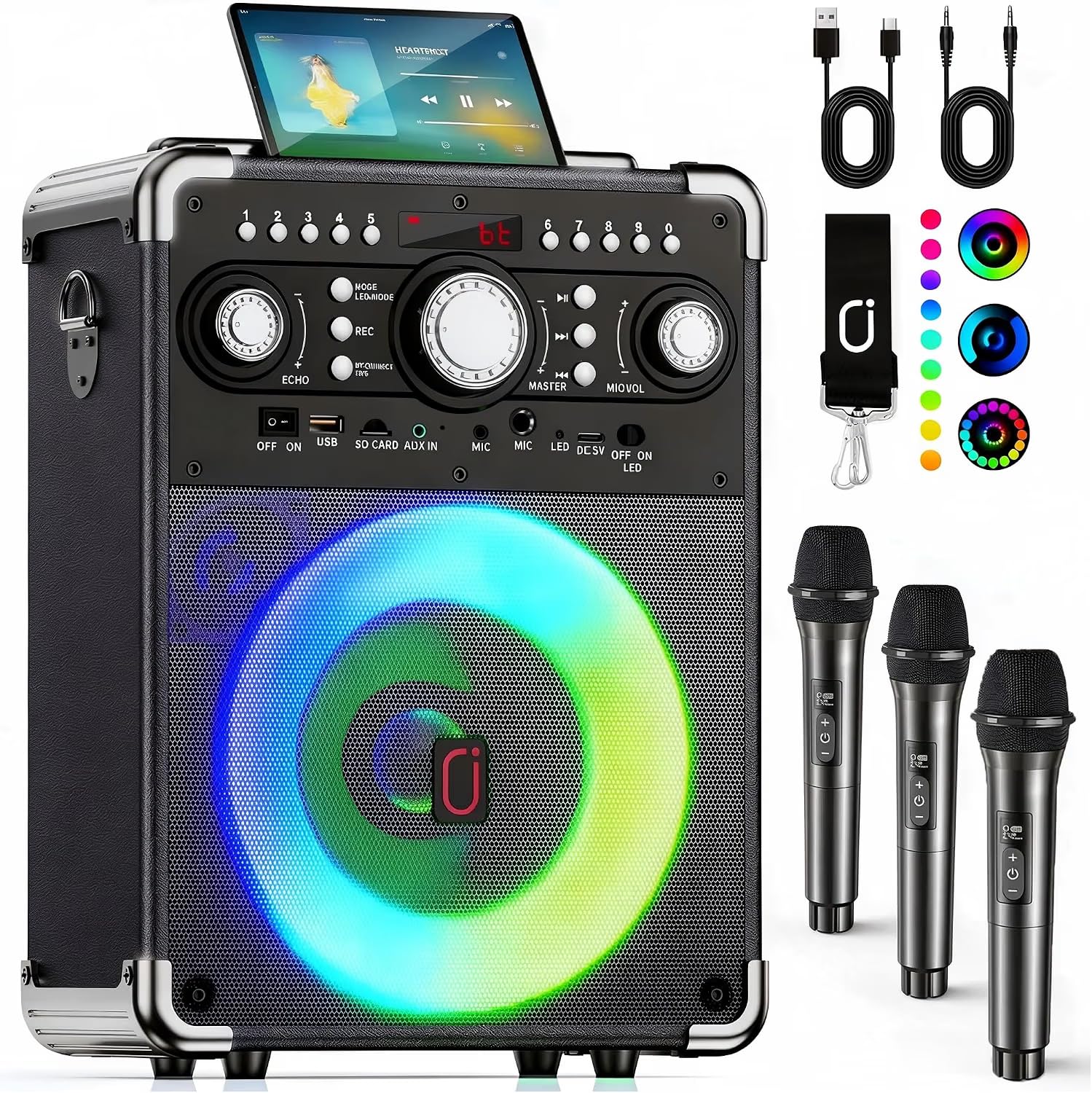 HWWR Karaoke Machine with 3 Wireless Microphones, 500W Peak Party Speaker | 6'' 