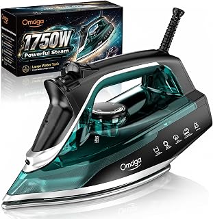 Omaiga 1750W Steam Iron for Clothes, Dual-Ceramic Soleplate, Teal | Fast heat-up, steam burst, 13.5 fl oz tank, anti-drip, 3-way auto shut-off, self-cleaning and anti-calc