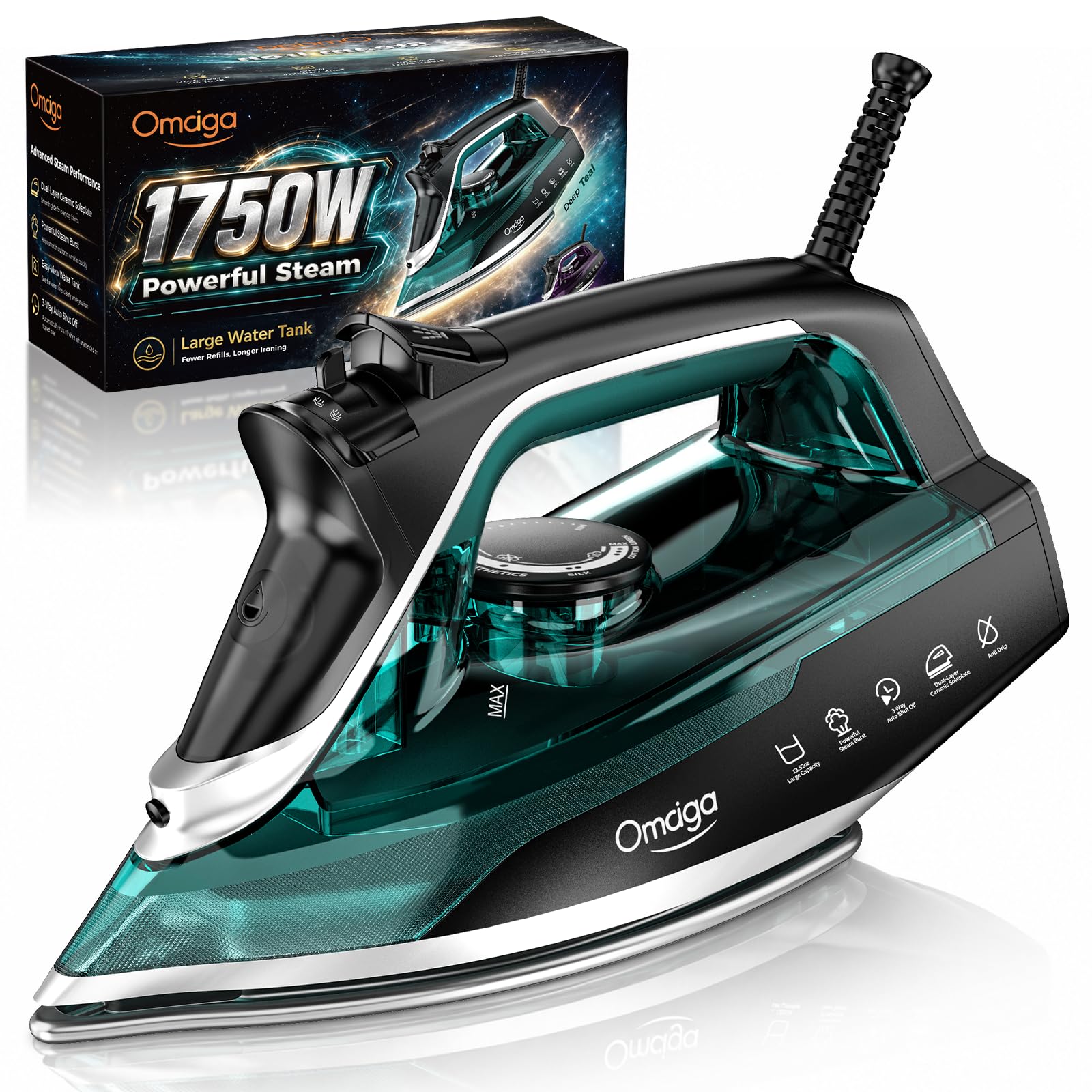 Omaiga 1750W Steam Iron for Clothes, Dual-Ceramic Soleplate, Teal | Fast heat-up