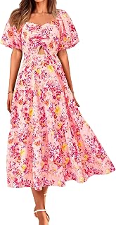 BTFBM Summer Dresses for Women 2026 Spring Outfits Beach Vacation Short Sleeve Smocked Boho Casual Floral Maxi Dress