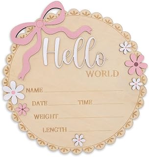 TTMerriwood Hello World Wooden Baby Birth Announcement Sign, Pink Floral Newborn Name Date Time Weight Length Board, Baby Girl Nursery Decor Photo Prop Keepsake (Light Pink)