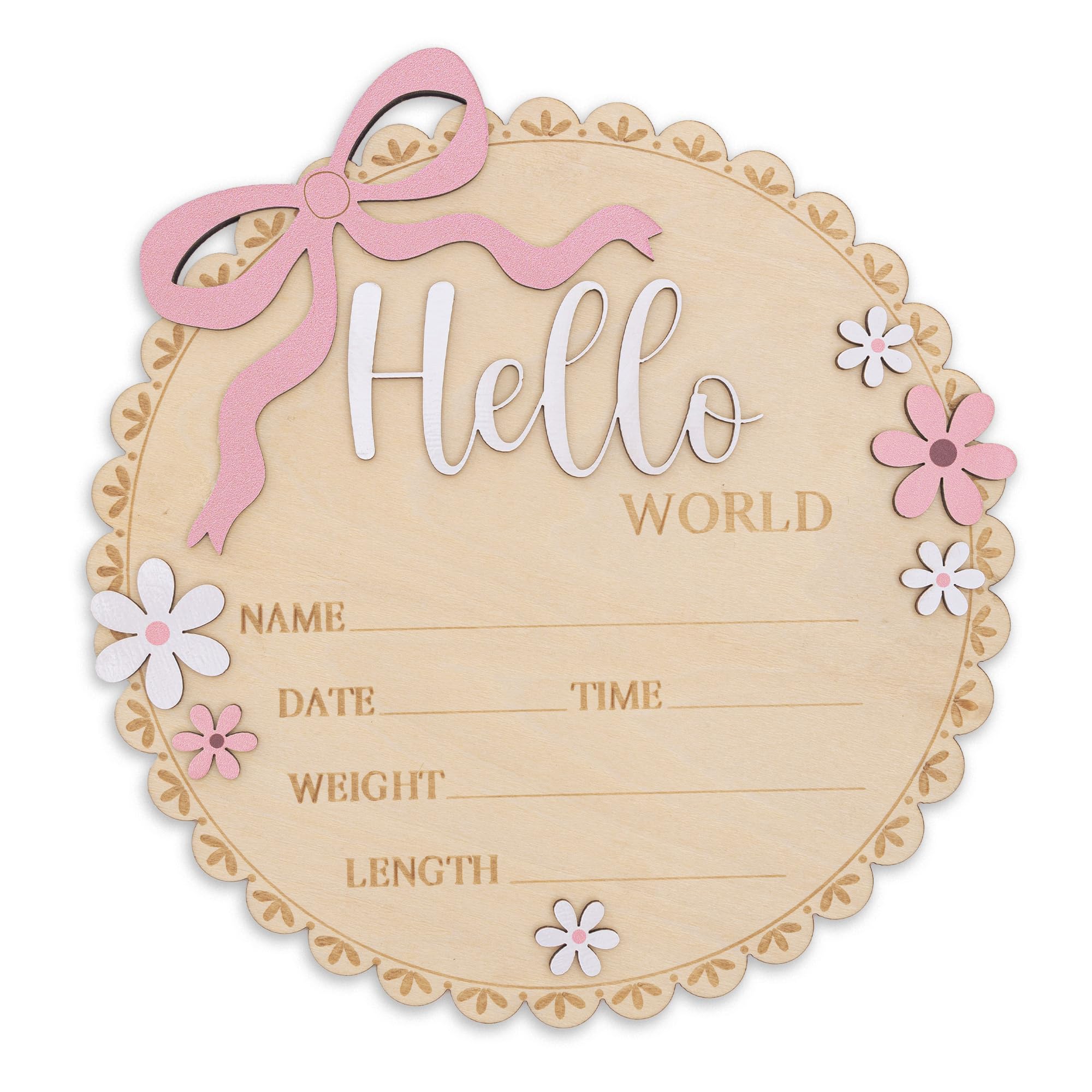 TTMerriwood Hello World Wooden Baby Birth Announcement Sign, Pink Floral Newborn