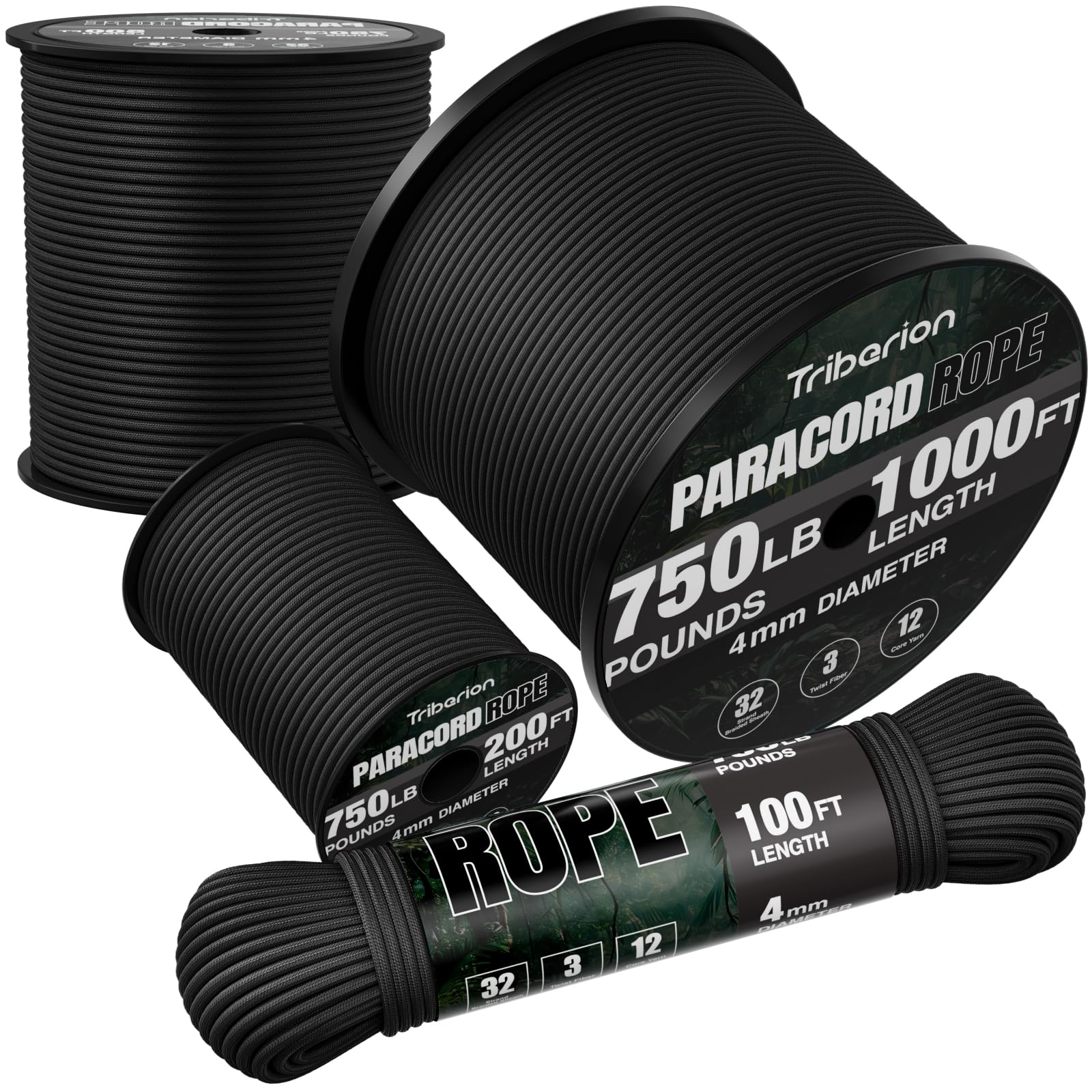 TRIBERION Paracord Rope 750 lb - 1000ft / 500ft / 200ft / 100ft 5/32" Parachute 