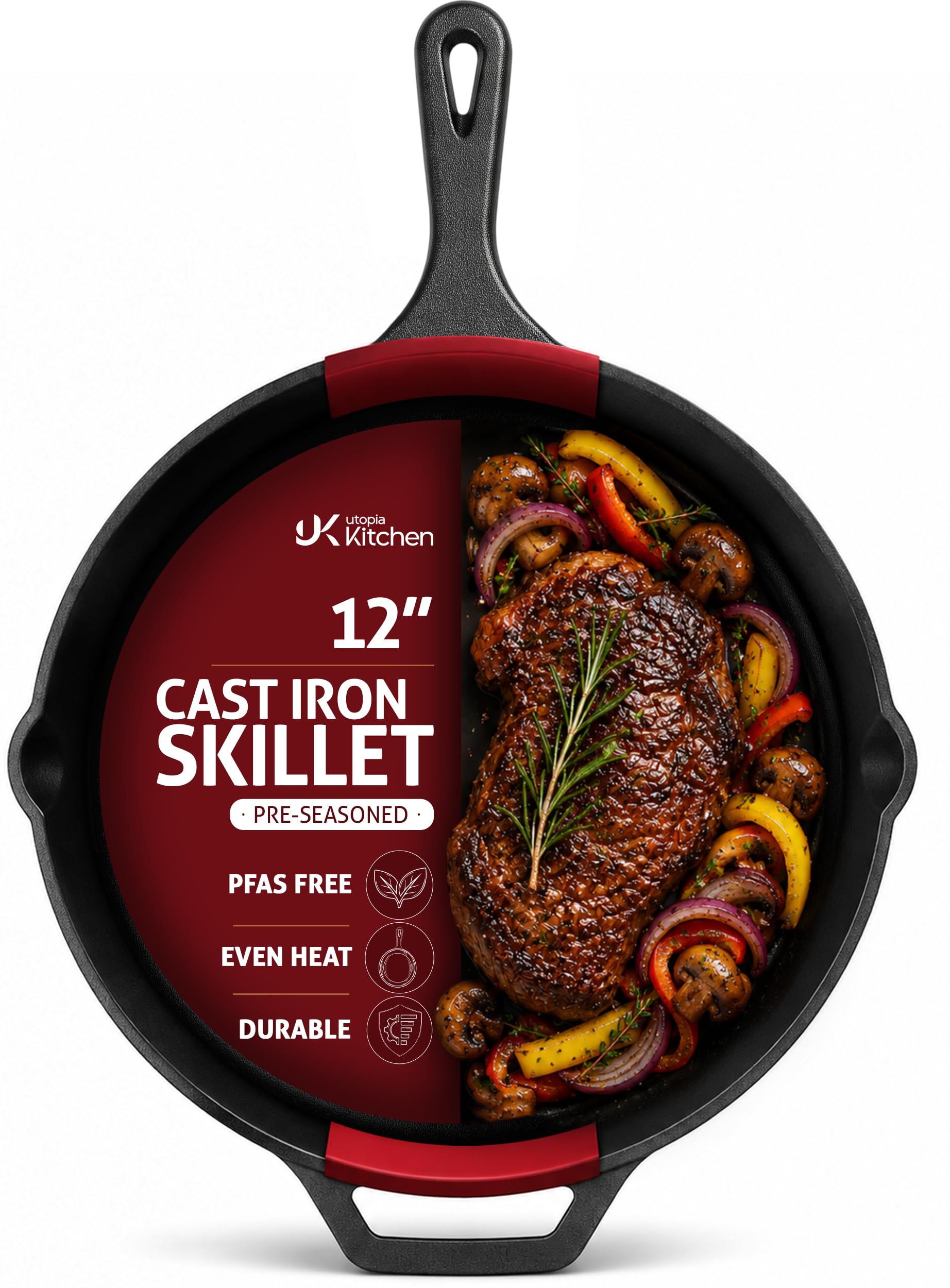 Utopia Kitchen Cast Iron Skillet 12 Inch Pre-Seasoned PFAS-Free Black | Chef Pan