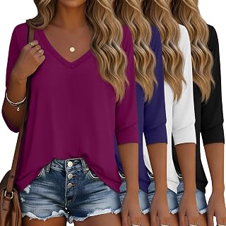Ficerd 4 Pack Women's 3/4 Sleeve V-Neck Basic Tunic Tops Cotton Fashion Loose T-Shirts