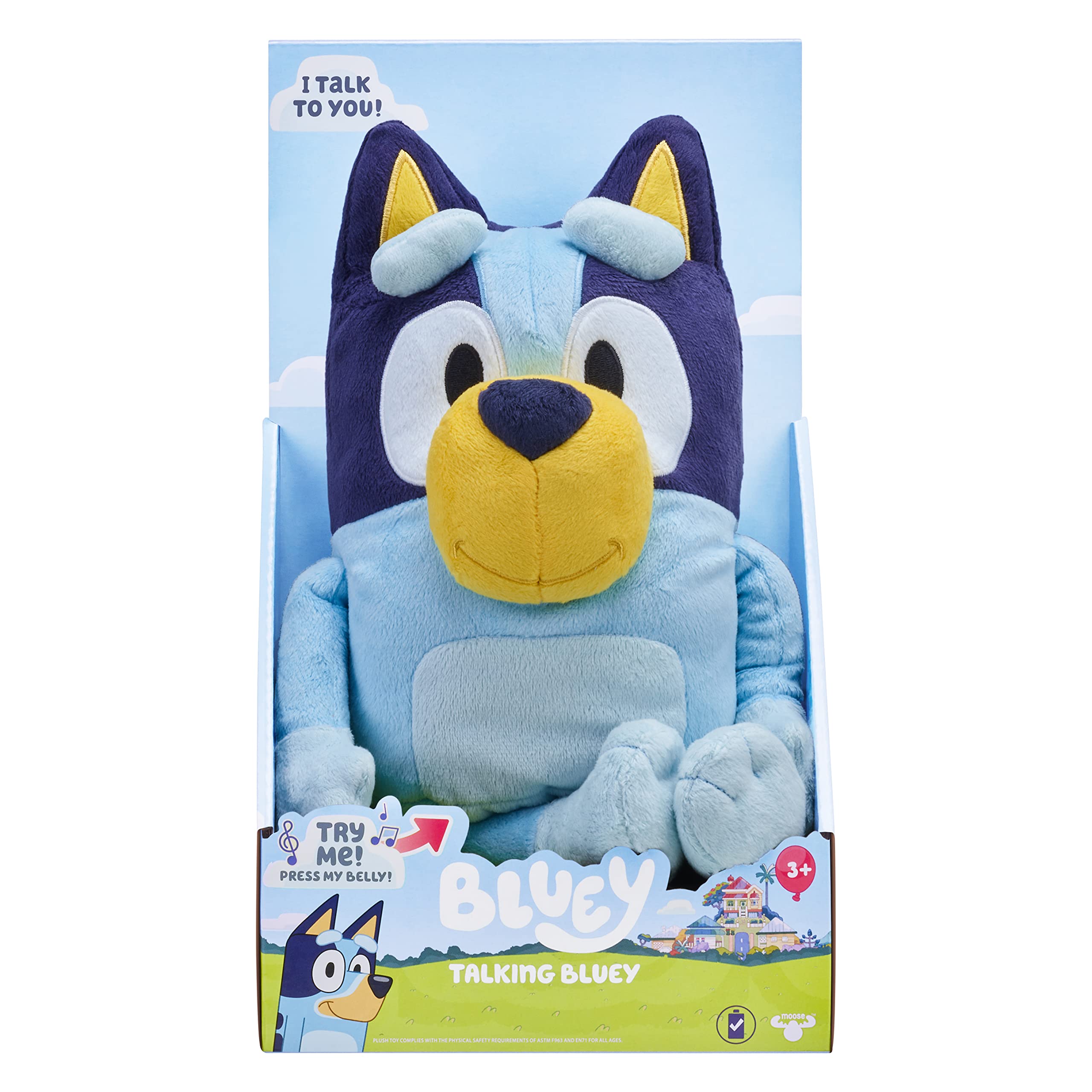 Bluey Talking Plush Toy, 13 Inch Interactive Soft Toy with Sounds, Blue | Press 