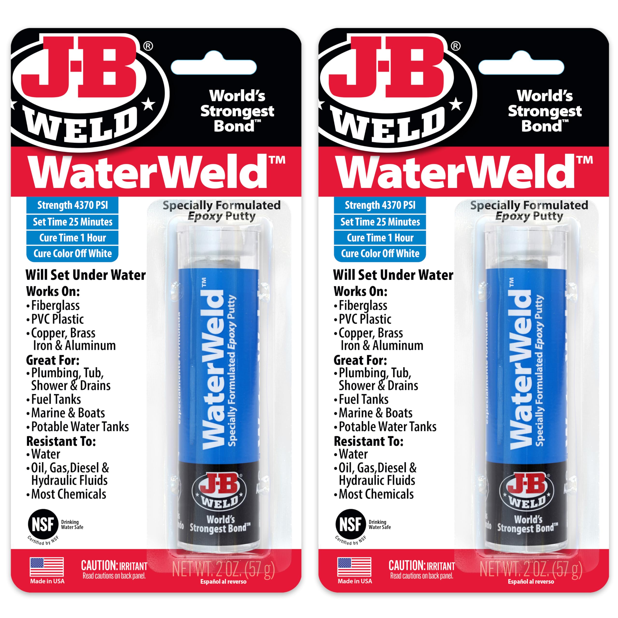 J-B Weld WaterWeld, 1 Hour Cure, Epoxy Putty Stick - 2 Pack, Off-White (8277-2)