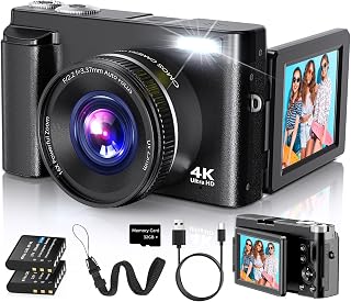 Duluvulu 4K Digital Camera for Photography Autofocus, 2026 Latest 48MP Vlogging Camera for YouTube with SD Card, 2 Batteries, 3" 180°Flip Screen Compact Travel Camera for Teens with 16X Zoom,Black