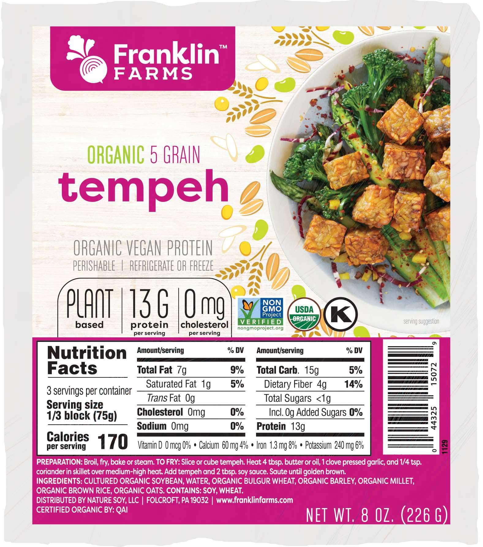 Franklin Farms Organic Five Grain Tempeh, 8 Ounce -- 12 per case.