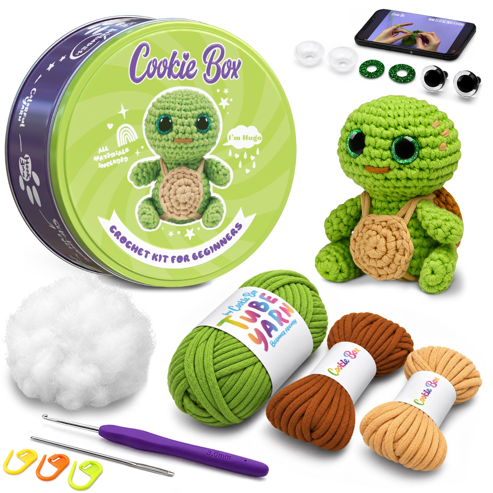 Cookie Box Crochet Kit for Beginners, Turtle Hugo | All Materials Included, Step
