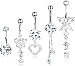 Leocuci Surgical Stainless Steel Dangle Belly Button Rings for Women Belly Ring Dangling Piercing Jewelry with Heart Flower Butterfly Silver Gold Tone 14G