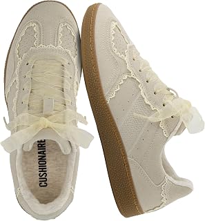 CUSHIONAIRE Belinda Women's Lace Detail Casual Sneakers - Elegant Ribbon Lace-up Shoes with Memory Foam, Ivory Vegan Suede, 10" W