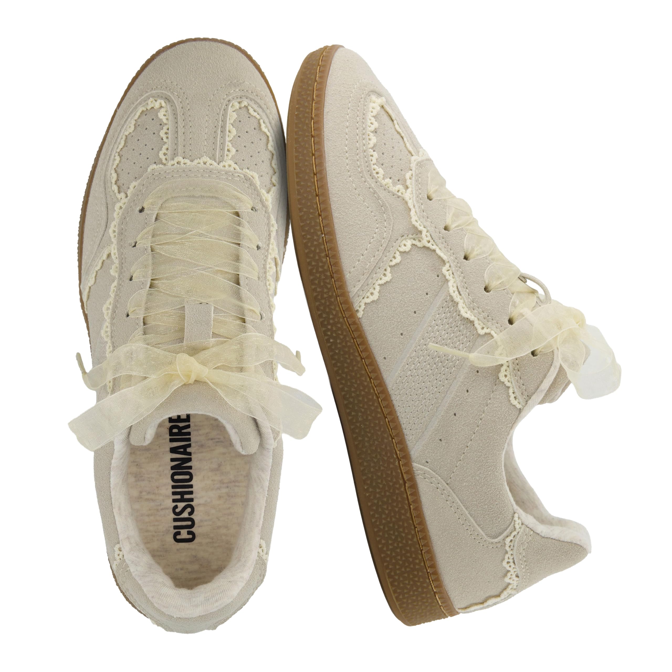 CUSHIONAIRE Belinda Women's Lace Detail Casual Sneakers - Elegant Ribbon Lace-up