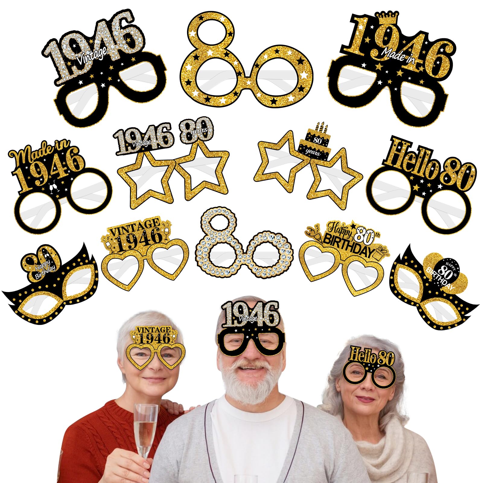 Turypaty 24Pcs 1946 80th Birthday Paper Glasses Decorations for Men Women - Blac