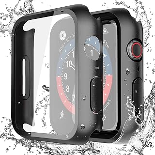 Misxi 2-Pack Waterproof Case for 44mm Apple Watch SE3/SE2/SE/Series 6/5/4 | Cover with 9H Tempered Glass Screen Protector for SE 3/SE 2/SE/Series6/5/4, Anti-Scratch, Matte Black