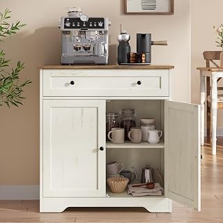 VASAGLE Buffet Cabinet, Sideboard, 2 Doors, 28.4 x 15.8 x 31.5 Inches | Farmhouse Coffee Bar Cabinet with 1 Drawer, Adjustable Shelves, Rustic White and Honey Brown, SIREN Collection ULSC521WJ01S