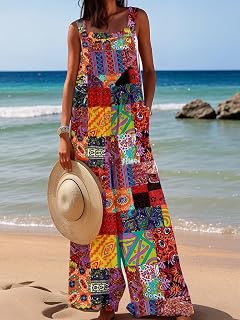 Women Summer Romper Sleeveless Wide Leg Casual Overalls Patchwork Boho Overalls Jumpsuit