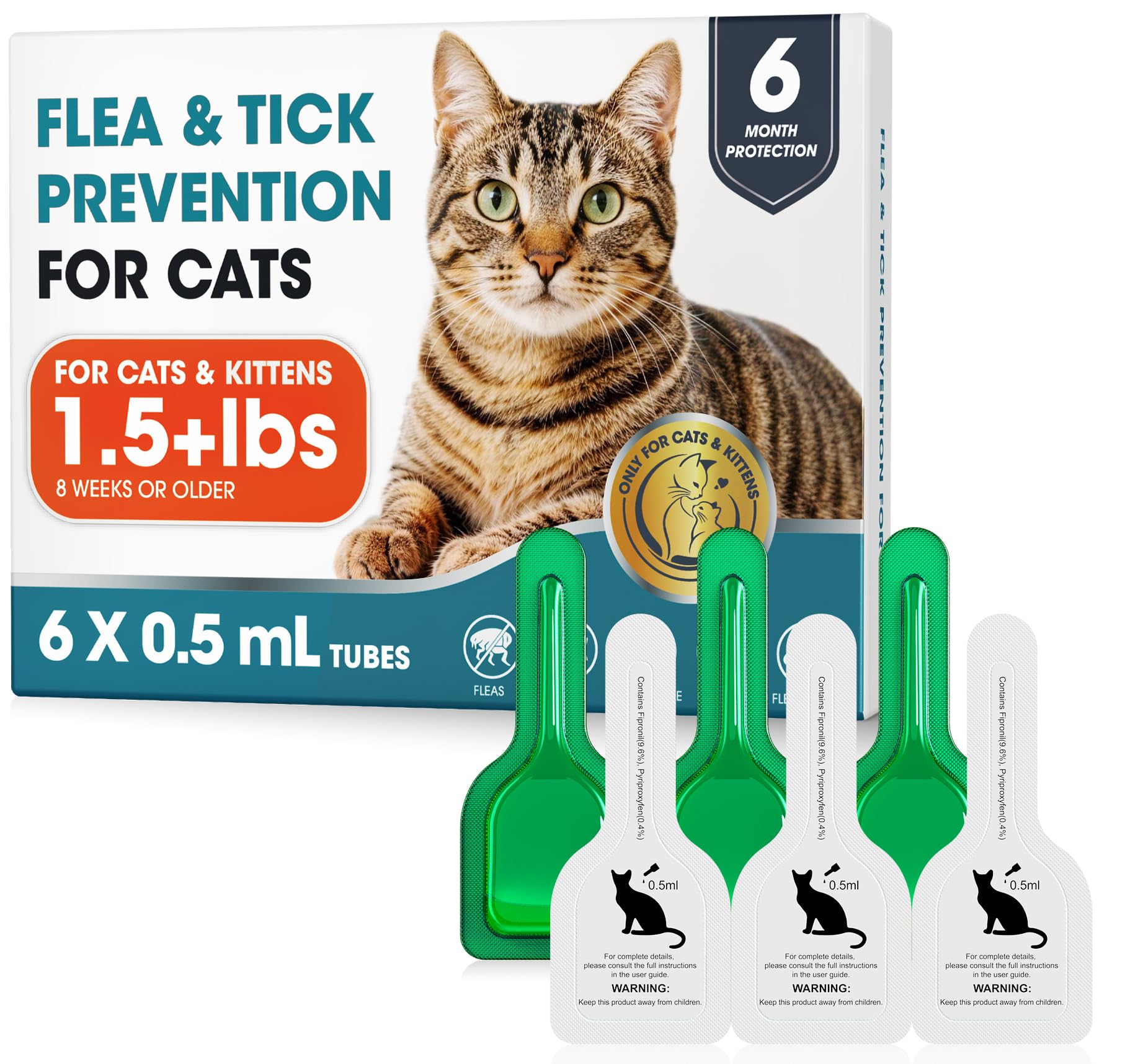 Topical Flea and Tick for Cats & Kittens Over 1.5 lbs, Waterproof, Monthly At-Ho