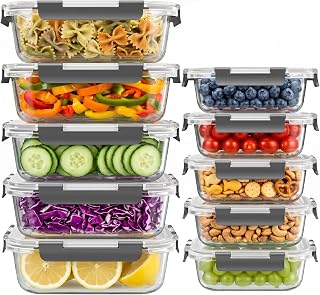 10 Sets 36 oz & 12 oz Glass Food Storage Containers with lids, Gray | 20-Piece Airtight Leak-proof Glass Meal Prep Containers with Lids, Microwave Oven Freezer Dishwasher Safe