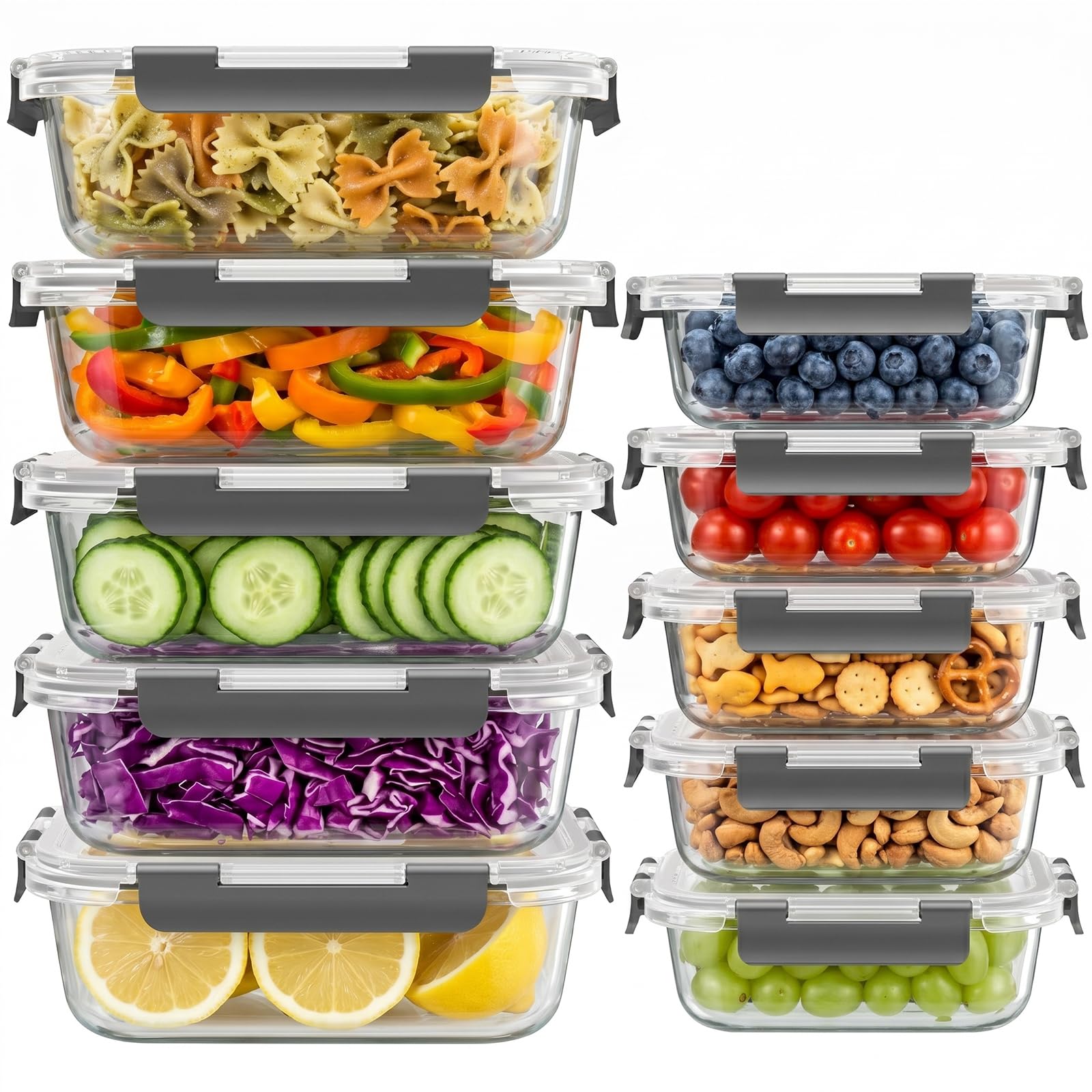 10 Sets 36 oz & 12 oz Glass Food Storage Containers with lids, Gray | 20-Piece A