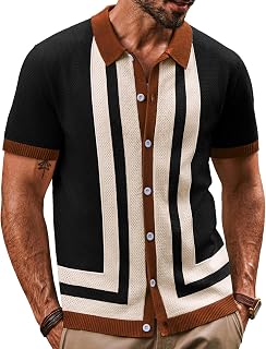 PJ PAUL JONES Mens Vintage Geometric Pattern Striped Knit Casual Polo Shirt