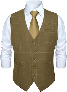 HISDERN Men's Formal Waistcoat Wedding Party Cotton Plaid Suit Vest