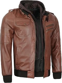 Leatherick Giacca in pelle da uomo Premium in pelle di agnello – Cappuccio in pile rimovibile, 7 tasche funzionali e chiusura frontale con zip (nero e marrone)