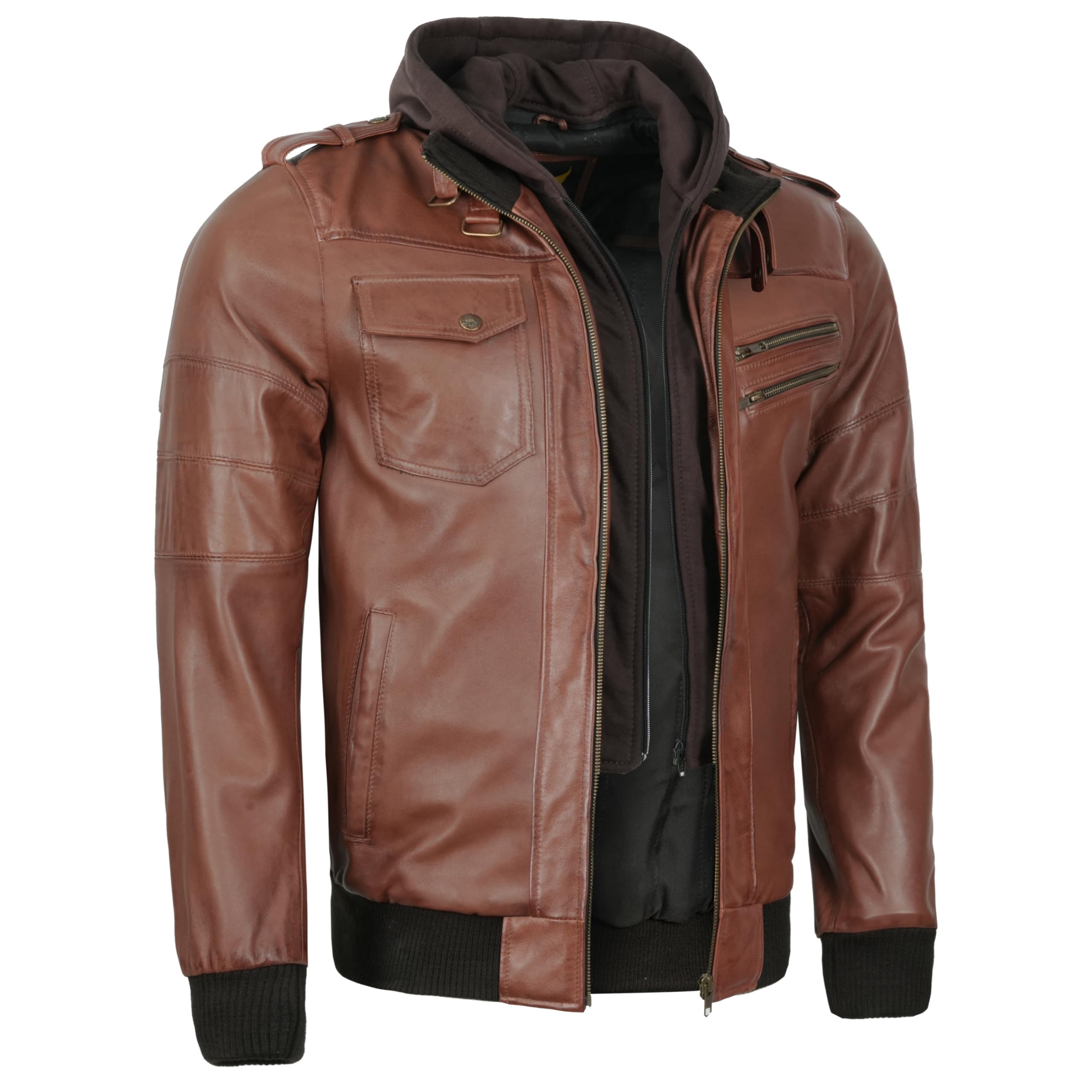 Leatherick Giacca in pelle da uomo Premium in pelle di agnello – Cappuccio in pi