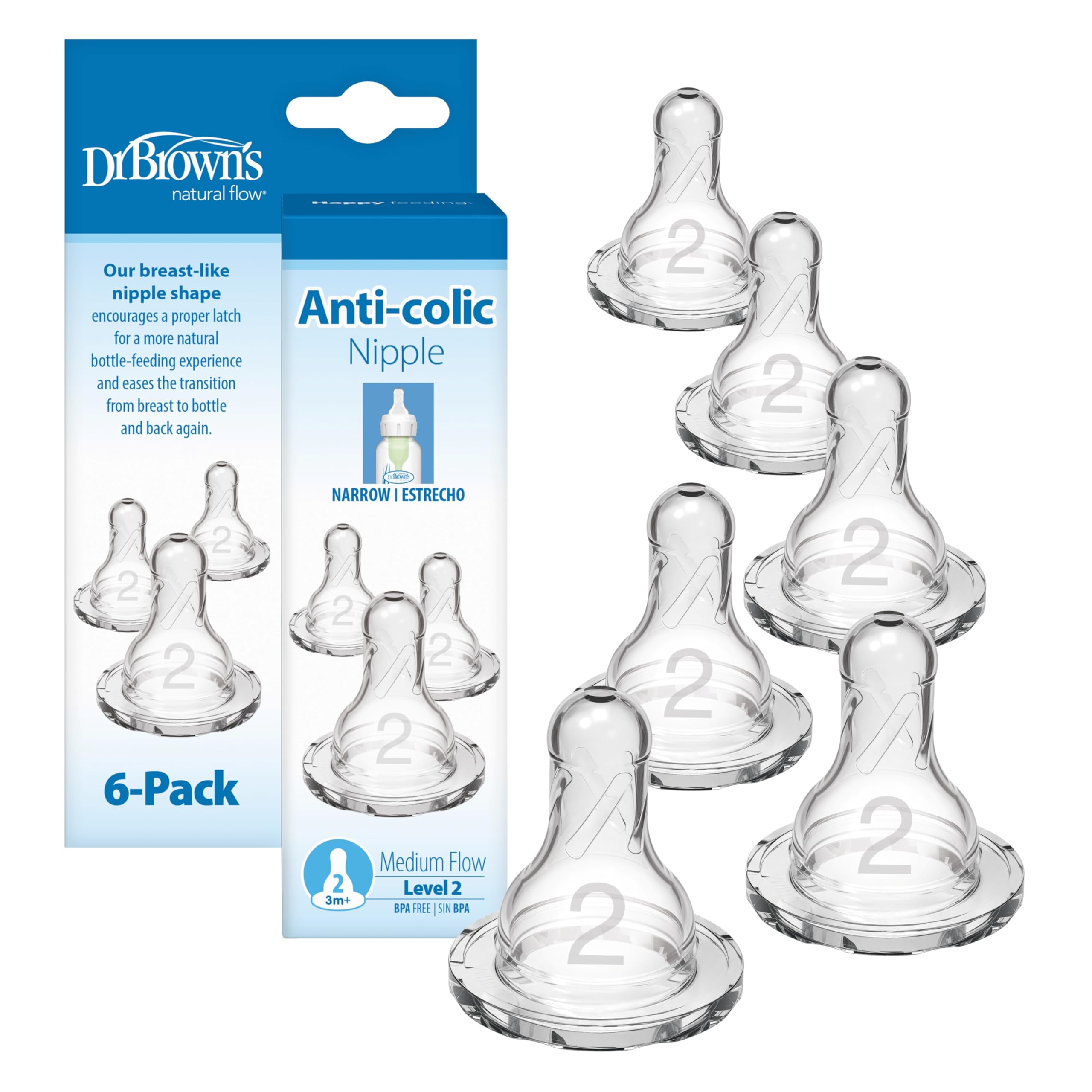 Dr. Brown’s Narrow Level 2 Medium Flow Nipple, 3m+, 6-Pack | 100% silicone nippl