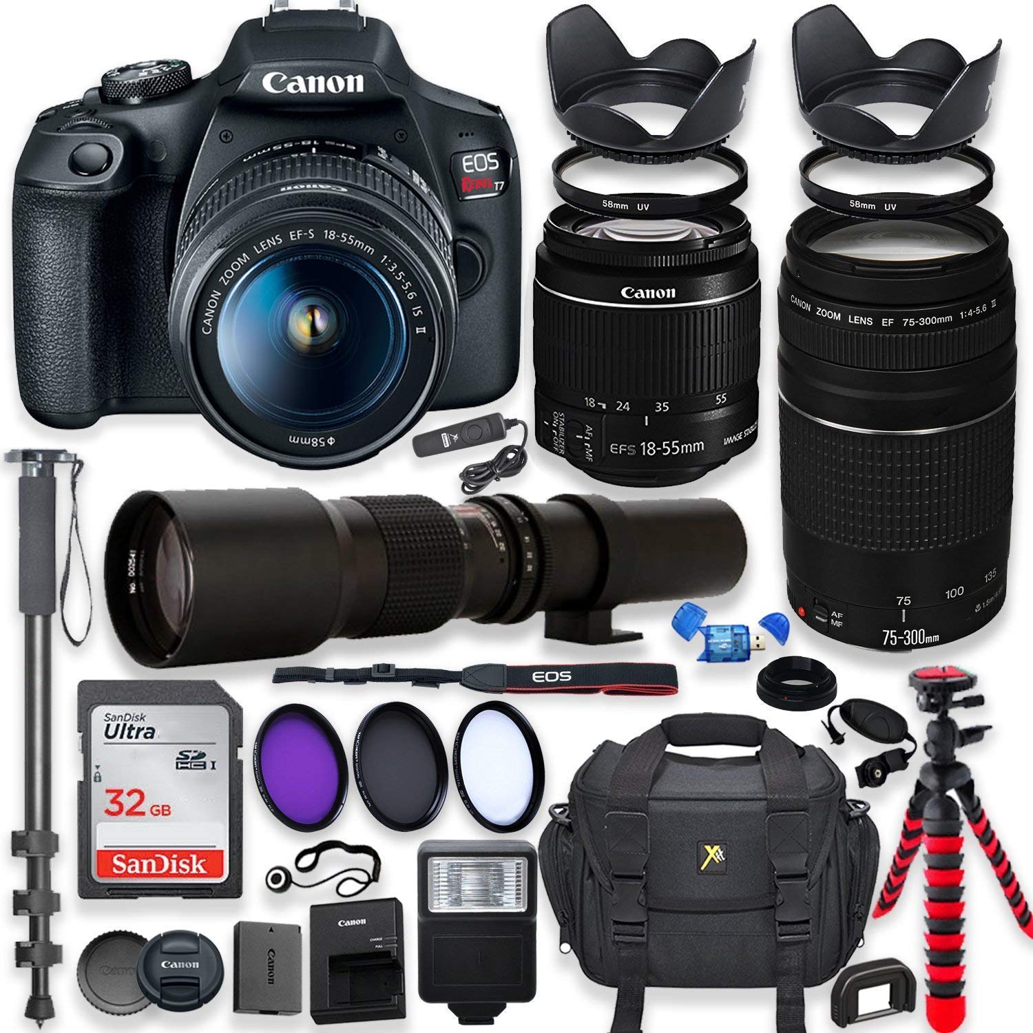 Canon EOS Rebel T7 DSLR Camera Bundle with 18-55mm IS II, EF 75-300mm III, and 5