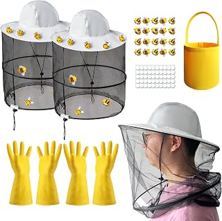 56 Pcs Beekeeper Set Includes 2 Pcs Beekeeper Veil Hat 20 Pcs Wool Felt Bees 30 Pcs Round Double Sided Tape 2 Pcs Yellow Felt Bucket 2 Pcs Gloves for Bee Keeper Catcher Halloween Costume Cosplay