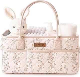 Konssy Baby Diaper Caddy Organizer, Floral Design with PU Leather Handles | Quilted, Water-Repellent, Diaper Caddy Basket with Removable Dividers, Baby Registry Must Have, Newborn Essentials (Floral)