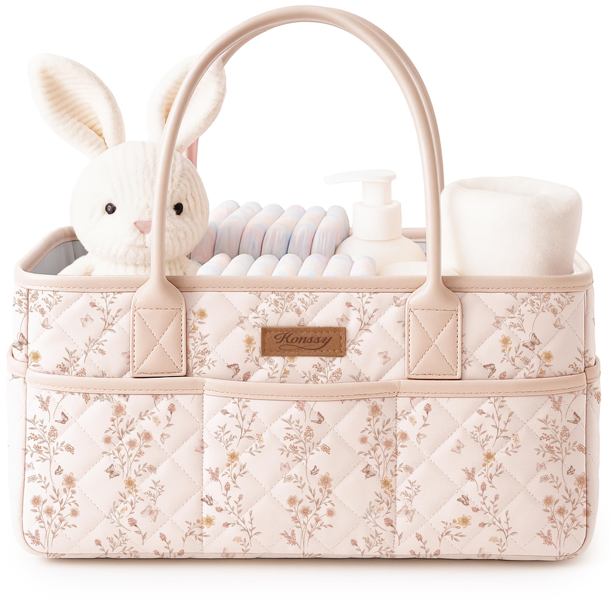 Konssy Baby Diaper Caddy Organizer, Floral Design with PU Leather Handles | Quil