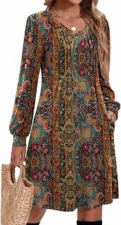Zeagoo Fall Dresses for Women Long Sleeve Casual Pleated V Neck Dress 2026 A Line Tunic Dress