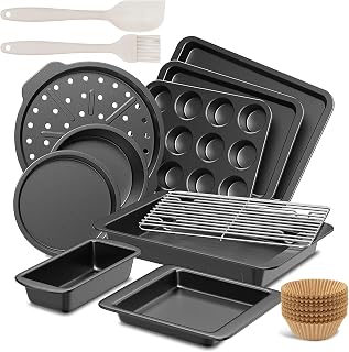 HONGBAKE Nonstick Bakeware Sets,12 Pieces Baking Pans Set, 10 Real Essential Oven Pans with 120 Muffin Liners, Including Rack, Cookie Sheets, Cake, Loaf, Cupcake, Pizza Pan, Widen Grips - Gray