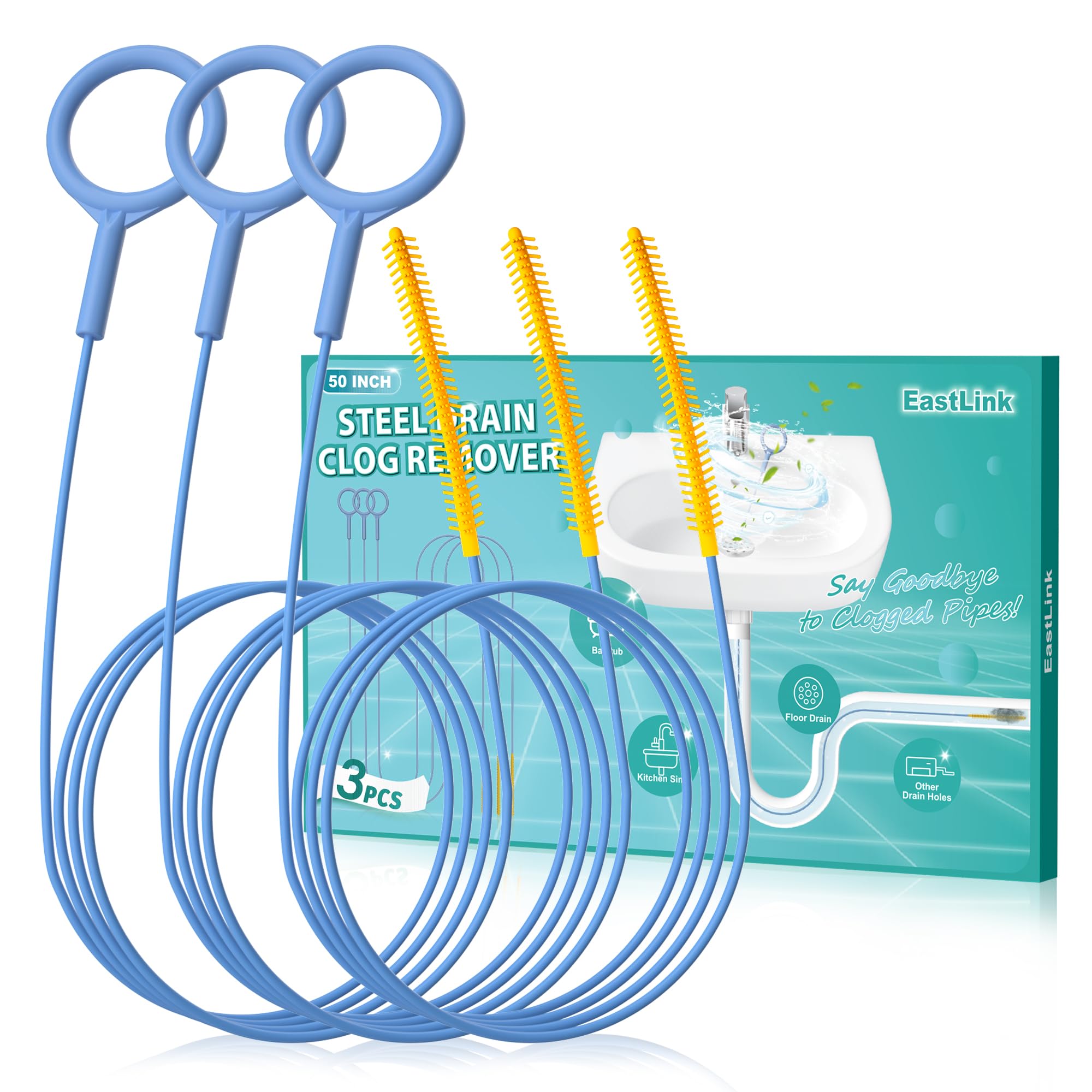EastLink 50 Inch Extra-Long Drain Snake 3 Pack, Reusable Drain Clog Remover | An