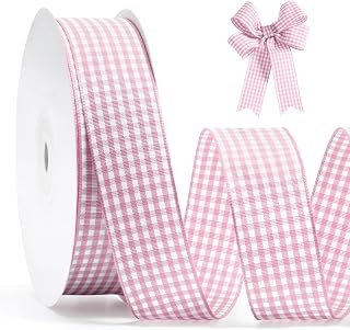 Pink Gingham Ribbon 1 inch, 25 Yards Roll Pink and White Buffalo Plaid Ribbon Polyester Check Ribbon for Valentines Gift Wrapping Birthday Wedding Party Decor DIY Crafts and Home Decor