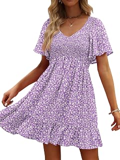 UEAL Women Summer Casual Loose V Neck Pockets Floral Swing Dress