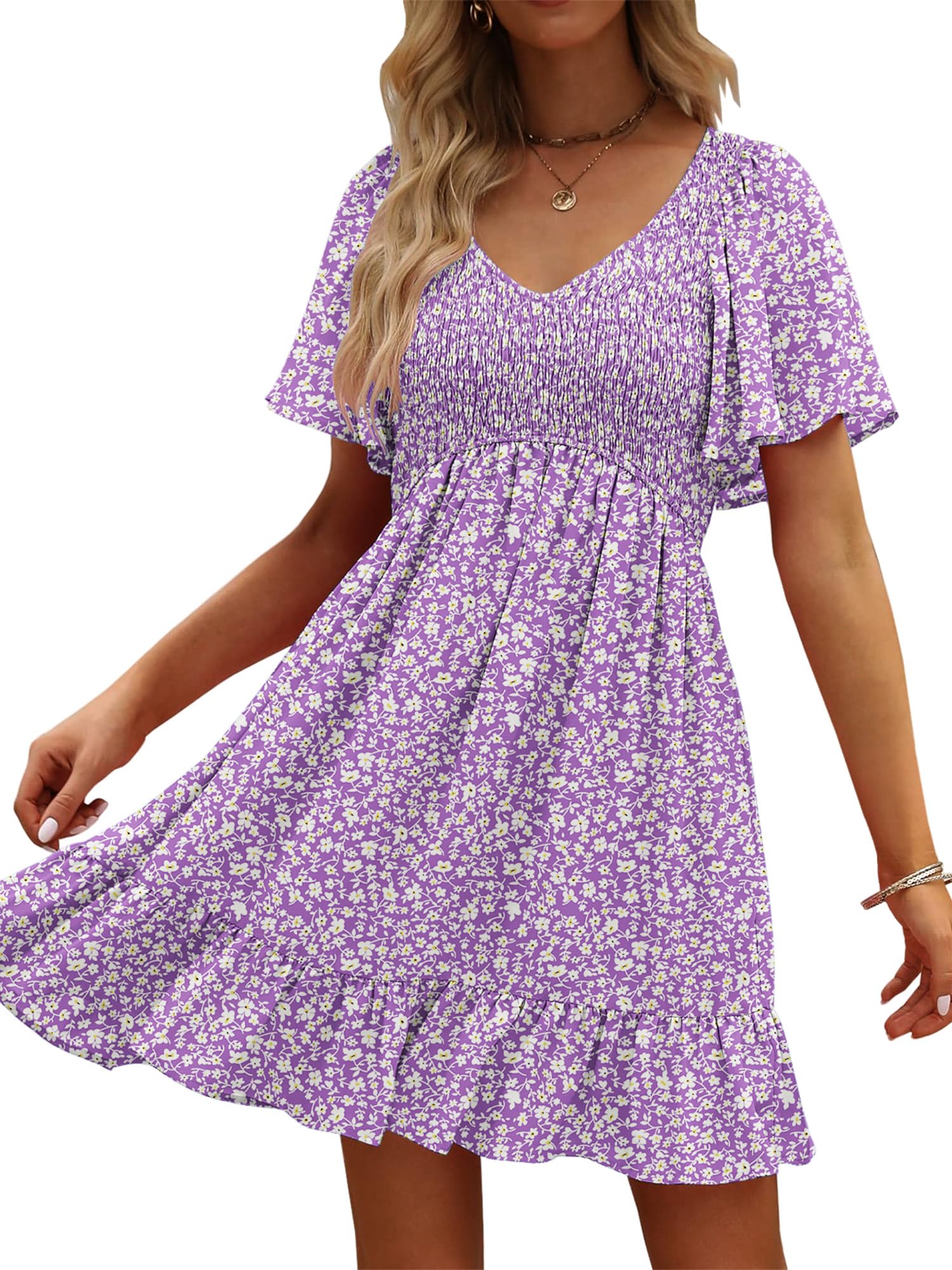 UEAL Women Summer Casual Loose V Neck Pockets Floral Swing Dress
