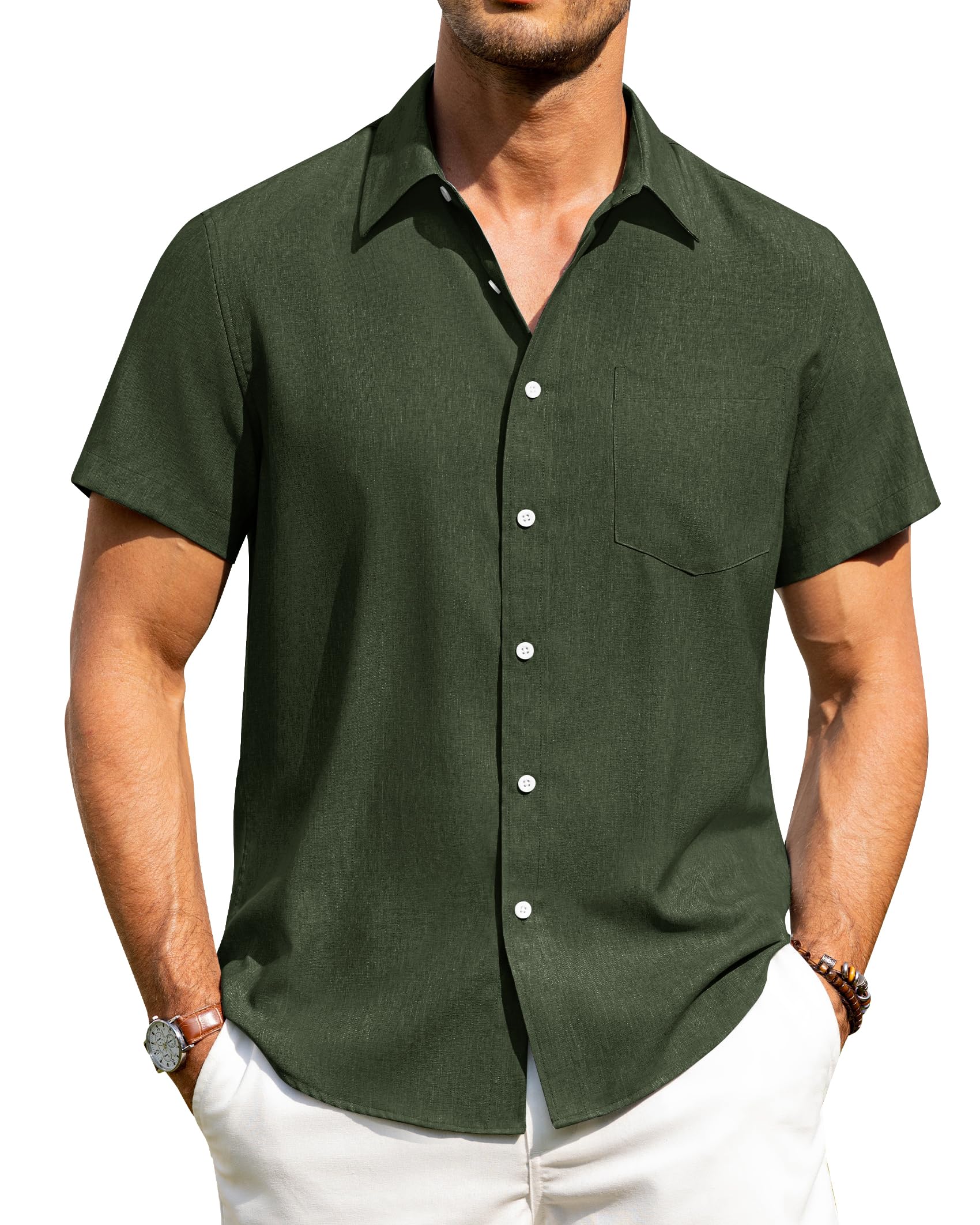 Alimens & Gentle Men's Linen Shirt, Short Sleeve, Wrinkle-Free, Casual, Holiday,
