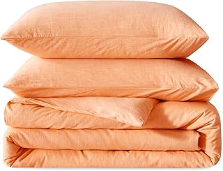 BFS HOME Linen Duvet Cover King Size - Soft Breathable Cotton Linen Blend, 3-Pieces Bedding Set with 2 Pillowcases, Stonewashed Texture, Orange, All-Season Comfort