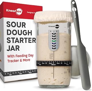 KNEADACE Sourdough Starter Jar Kit, 24 Oz Wide Mouth Glass, Thermometer | Easy-to-Clean;Feeding Band;Spatula Scraper Brush;Cloth Cover;Metal Lid;Graduated Markings;Sourdough Jar;Sour Dough Container