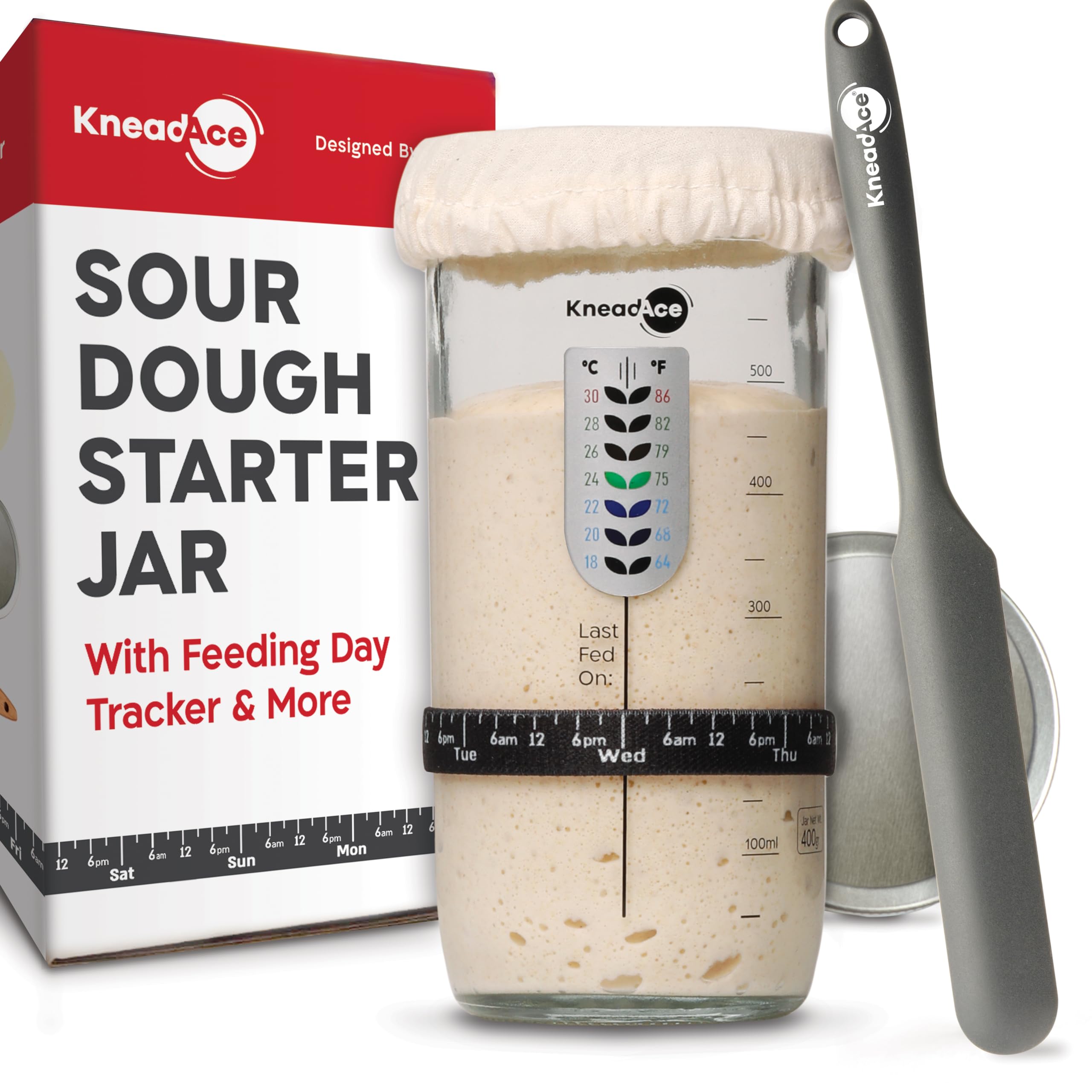 KNEADACE Sourdough Starter Jar Kit, 24 Oz Wide Mouth Glass, Thermometer | Easy-t