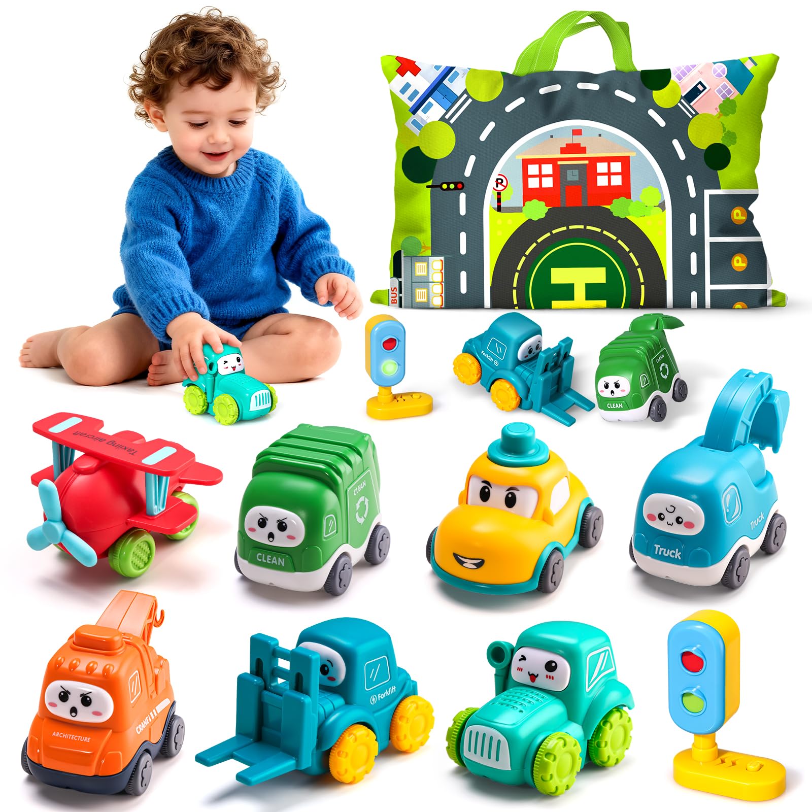 ALASOU Cranes Car Toys for 1 Year Old Boy Gifts with Playmat/Storage Bag | 8 PCS