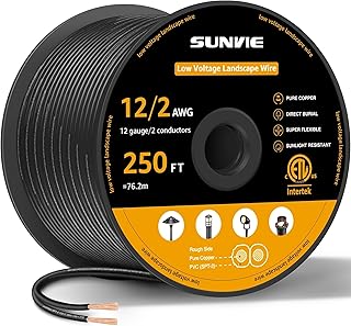 SUNVIE 12/2 Low Voltage Landscape Wire 12 Gauge Pure Copper Wire, 250FT | Pure Copper, Direct Burial, ETL Listed, Weatherproof, with Spool, 12 Gauge 2 Conductor for Outdoor Landscape Lighting