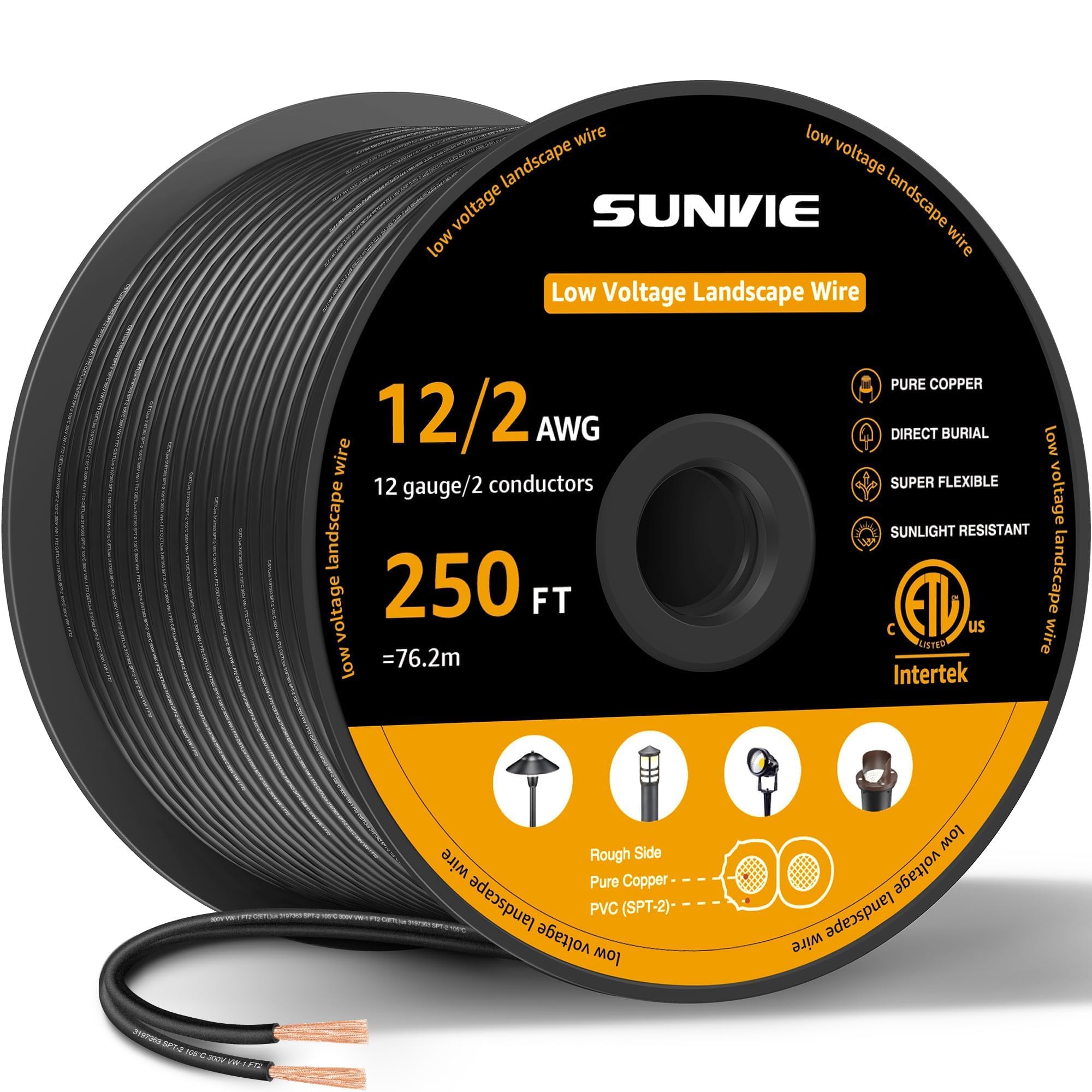 SUNVIE 12/2 Low Voltage Landscape Wire 12 Gauge Pure Copper Wire, 250FT | Pure C