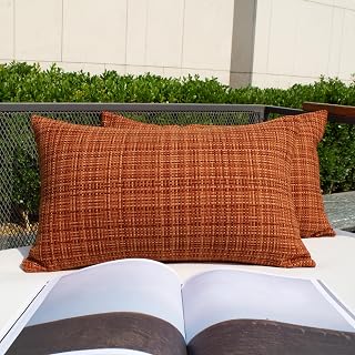 Kevin Textile Outdoor Waterproof 12"x20" Pillow Covers 2 Pack, Burnt Orange | Fall Water Resistant, Faux Linen Yarn-dyed, Woven Texture Throw Pillow Covers for Tent Patio Garden Couch Sofa