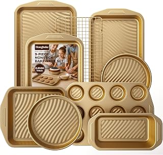 9-Piece Nonstick Bakeware Set, Non-Toxic Baking Pans Set, Gold | Wave Texture for Easy Release, Heavy-Duty 0.8mm Carbon Steel, Stackable Design
