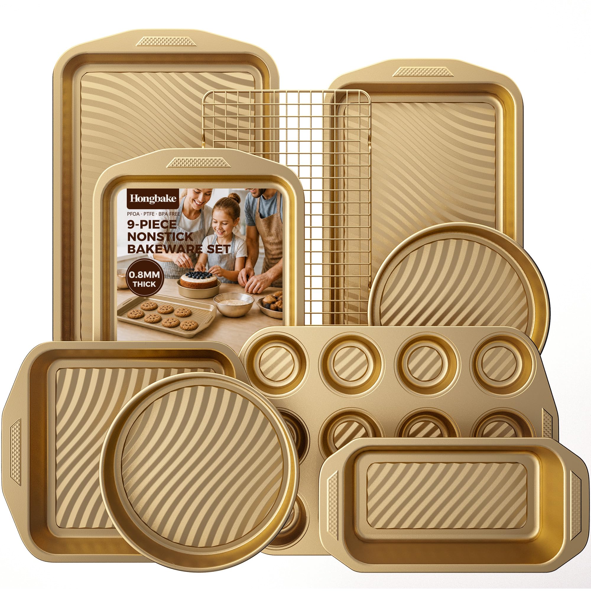 9-Piece Nonstick Bakeware Set, Non-Toxic Baking Pans Set, Gold | Wave Texture fo